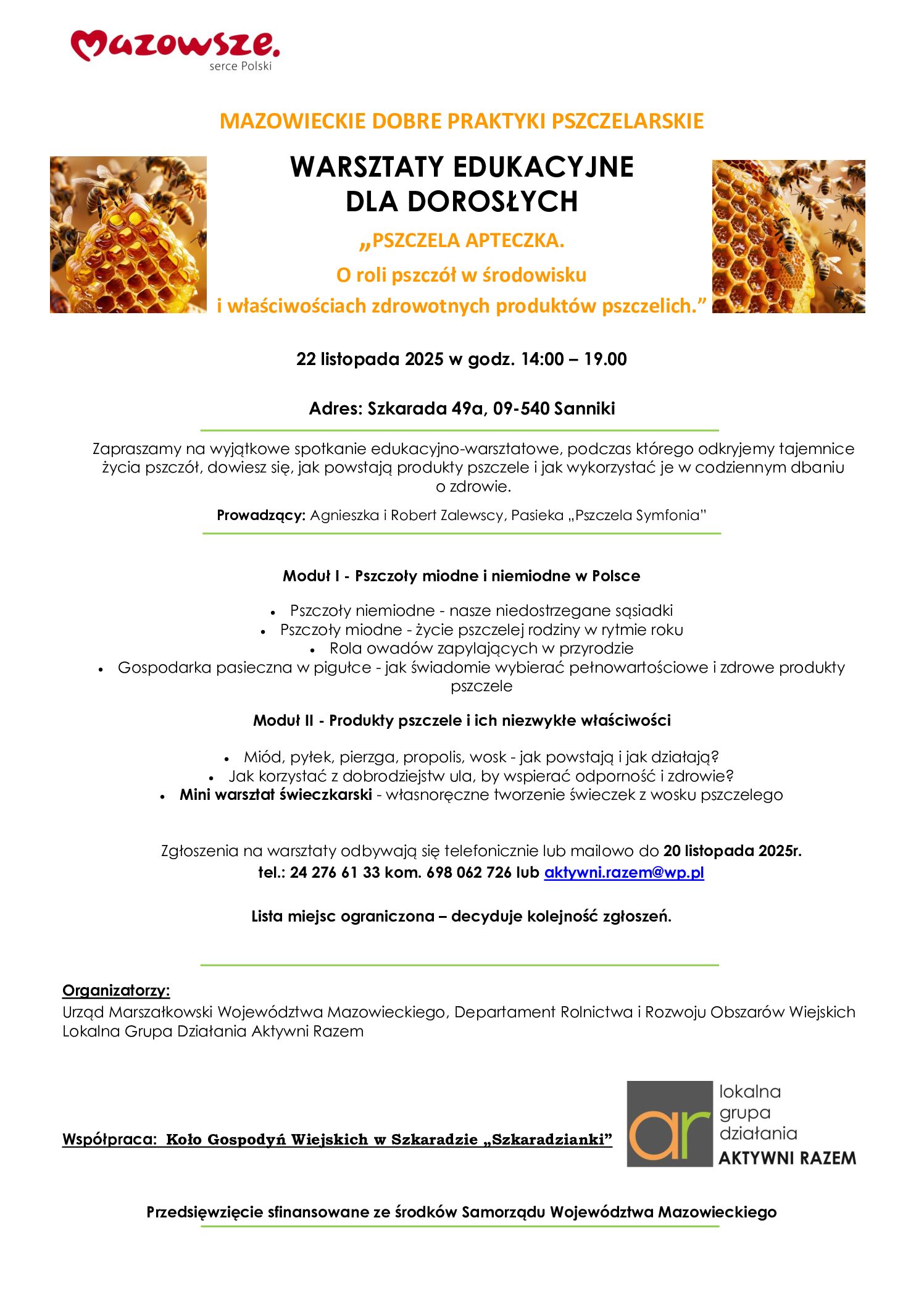 ZAPROSZENIE NA WARSZTATY PSZCZELARSKIE